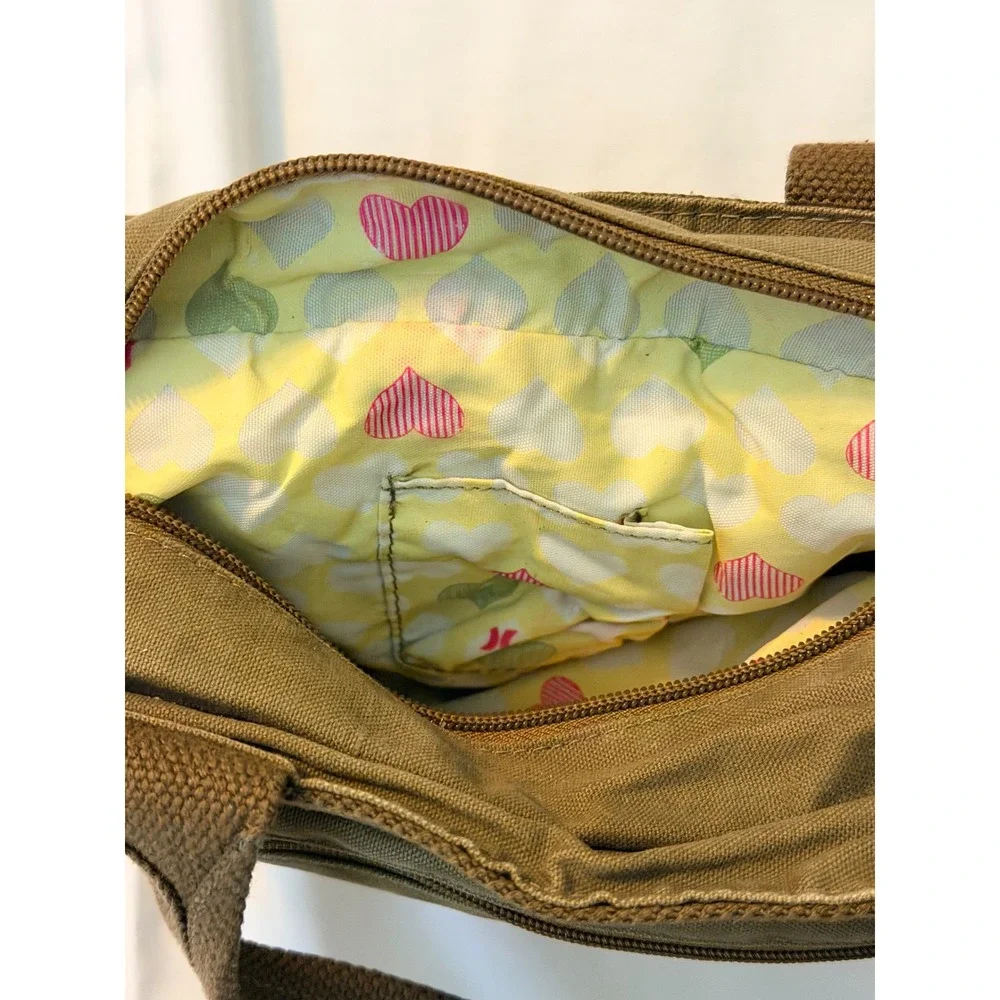 Hurley Canvas Tote Bag Olive Green Utility Multi Pocket Heart Print Lining